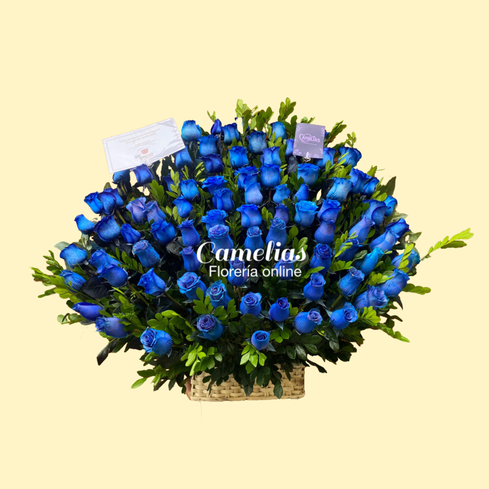 Canasta de rosas azules