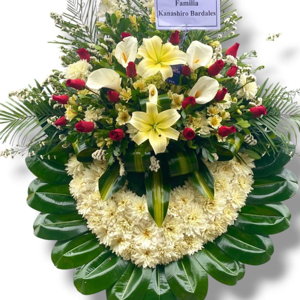 Corona Fúnebre con parante "Rosas Rojas y Lirio Crema"