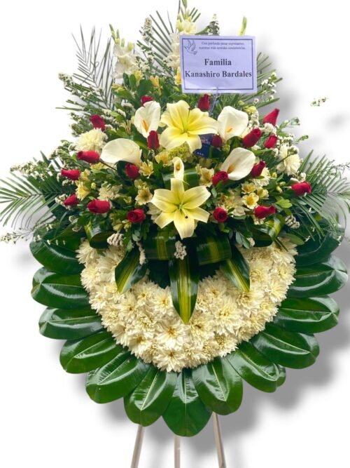 Corona Fúnebre con parante "Rosas Rojas y Lirio Crema"