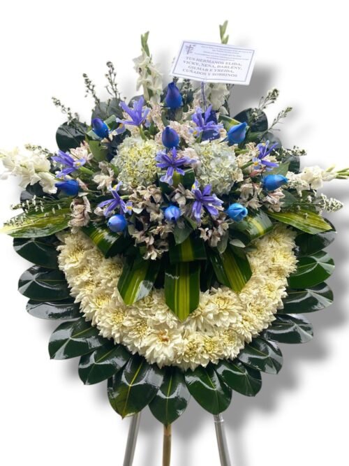 Corona Fúnebre con parante "Moña arriba con rosas azules"