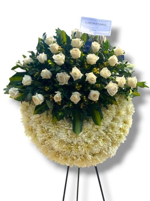 Corona Fúnebre con parante “Moña Arriba con Rosas Blancas"