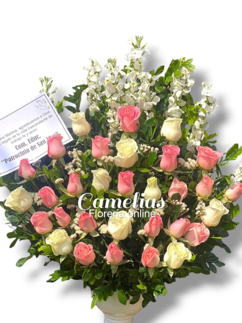Arreglo fúnebre de rosas rosadas y blancas