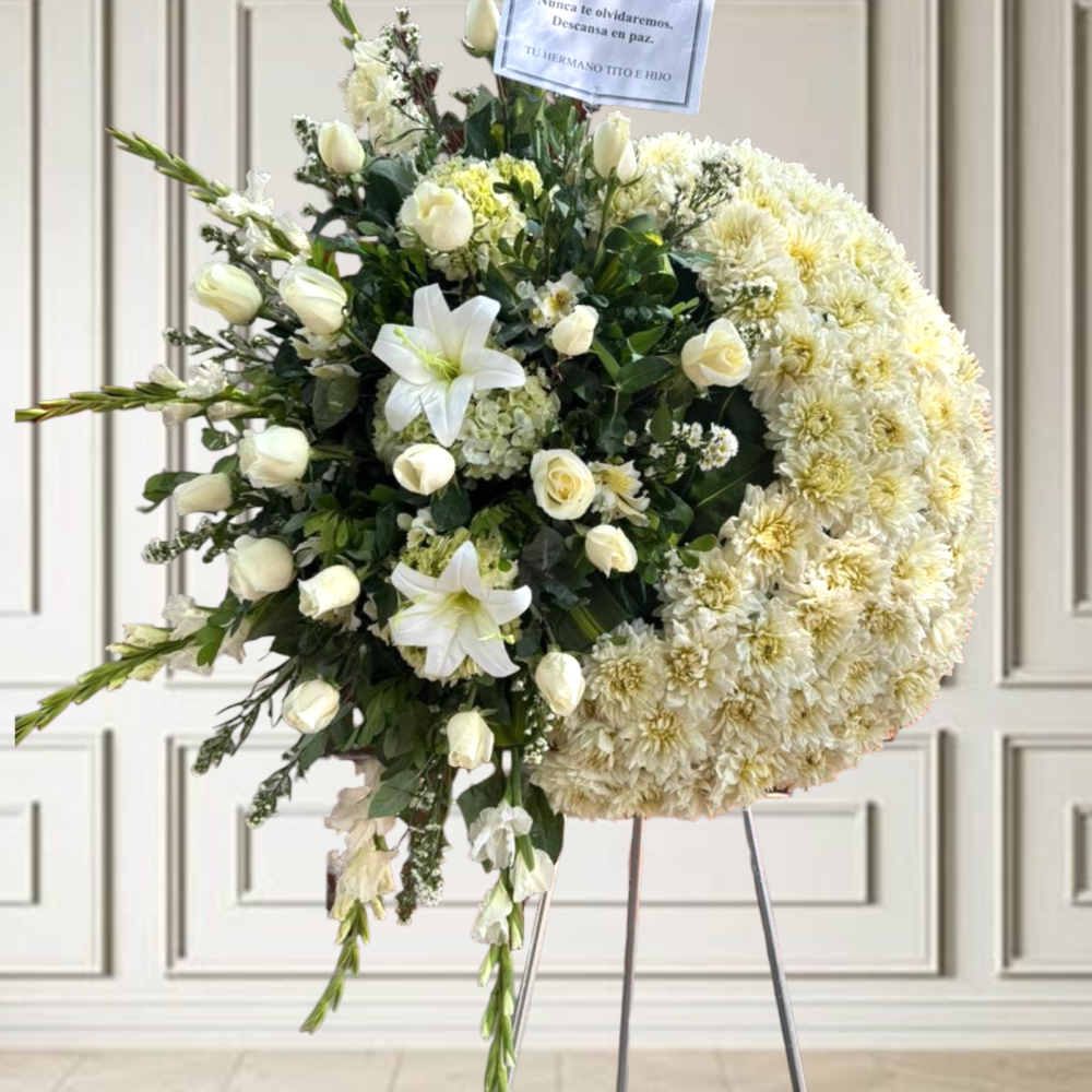 Corona Fúnebre con parante "Moña al costado con rosas blancas"