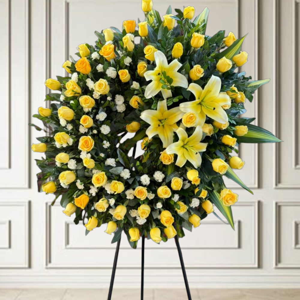 Corona Fúnebre con parante "Picarón con Flores Amarillas"