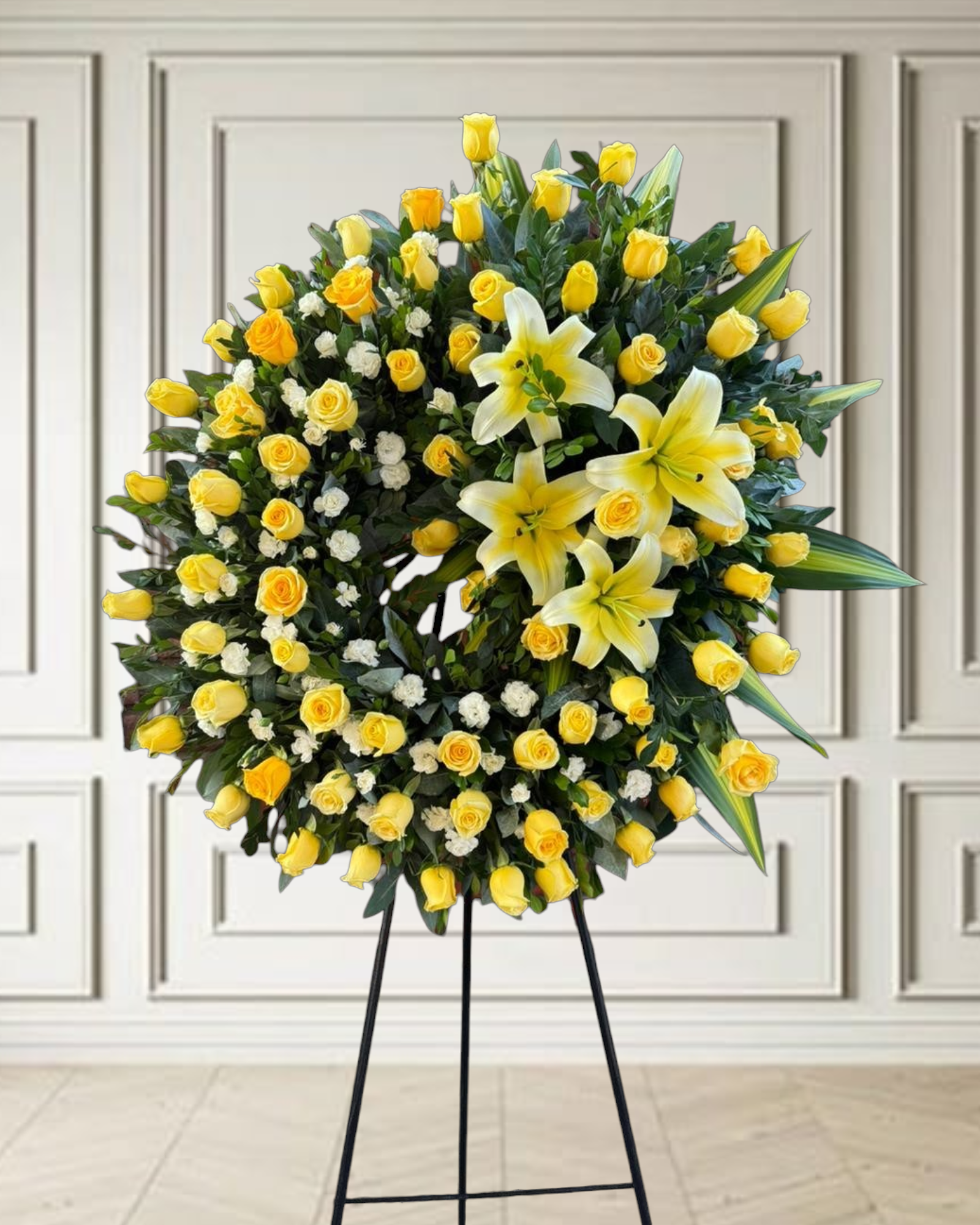 Corona Fúnebre con parante "Picarón con Flores Amarillas"