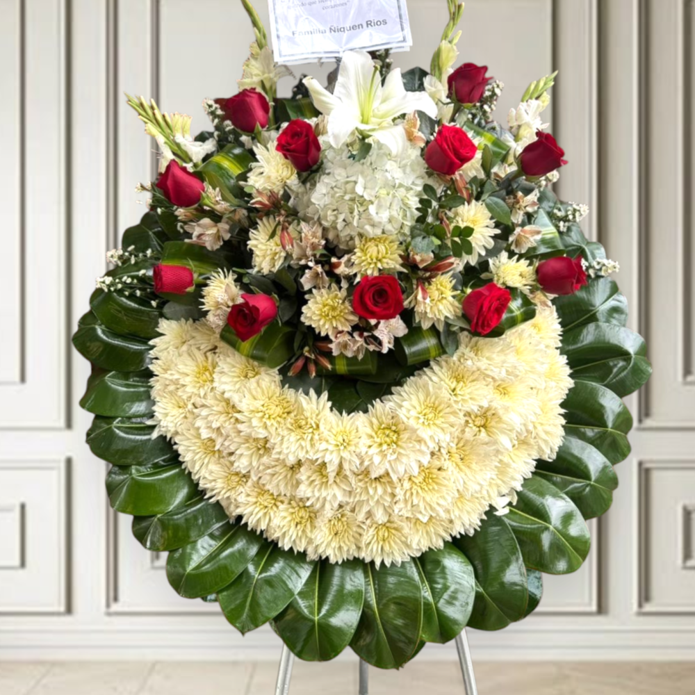 Corona Fúnebre con parante "Rosas Rojas y Lirio Crema"
