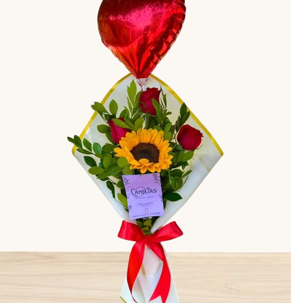 🌹🌻 Ramo de 3 Rosas Rojas y 1 Girasol "Australia"