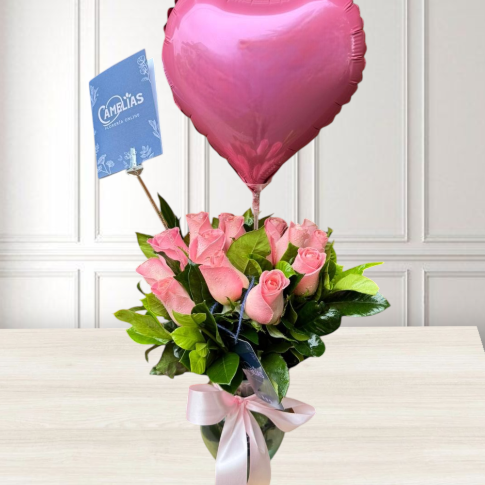 🌹 Florero de 12 Rosas rosadas "Montevideo"