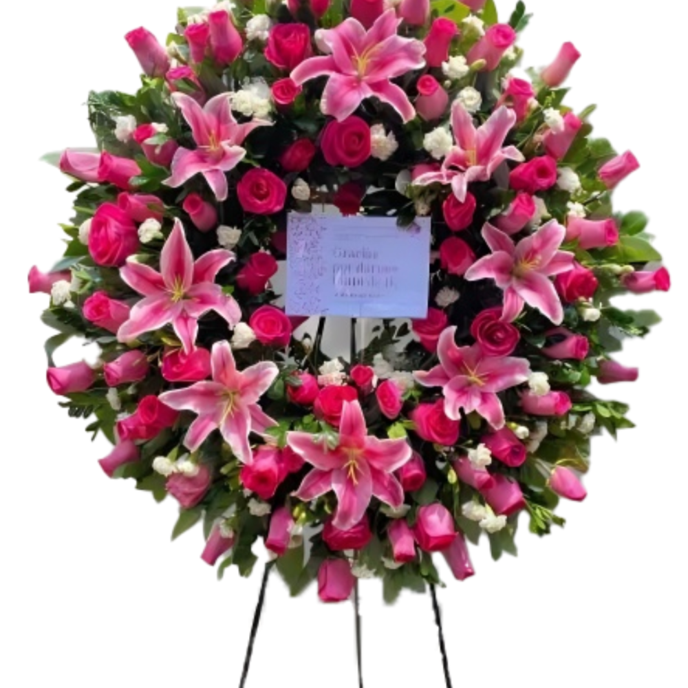 Corona Fúnebre Picarón con rosas y lirios