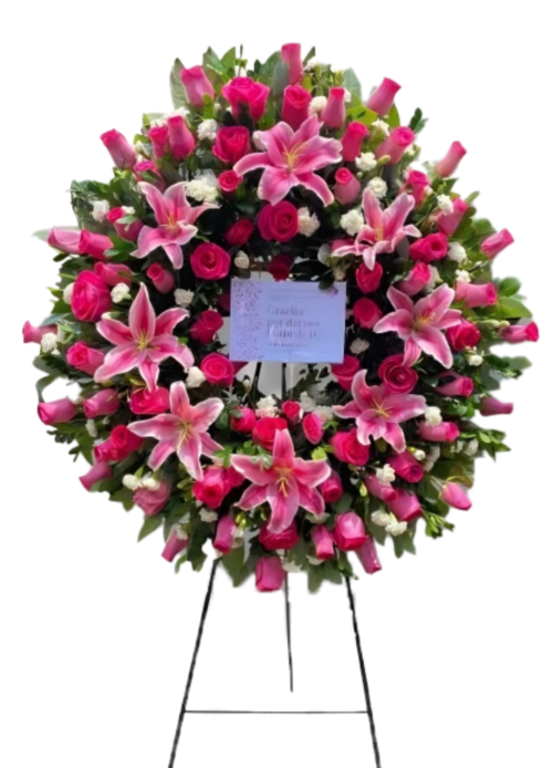 Corona Fúnebre Picarón con rosas y lirios