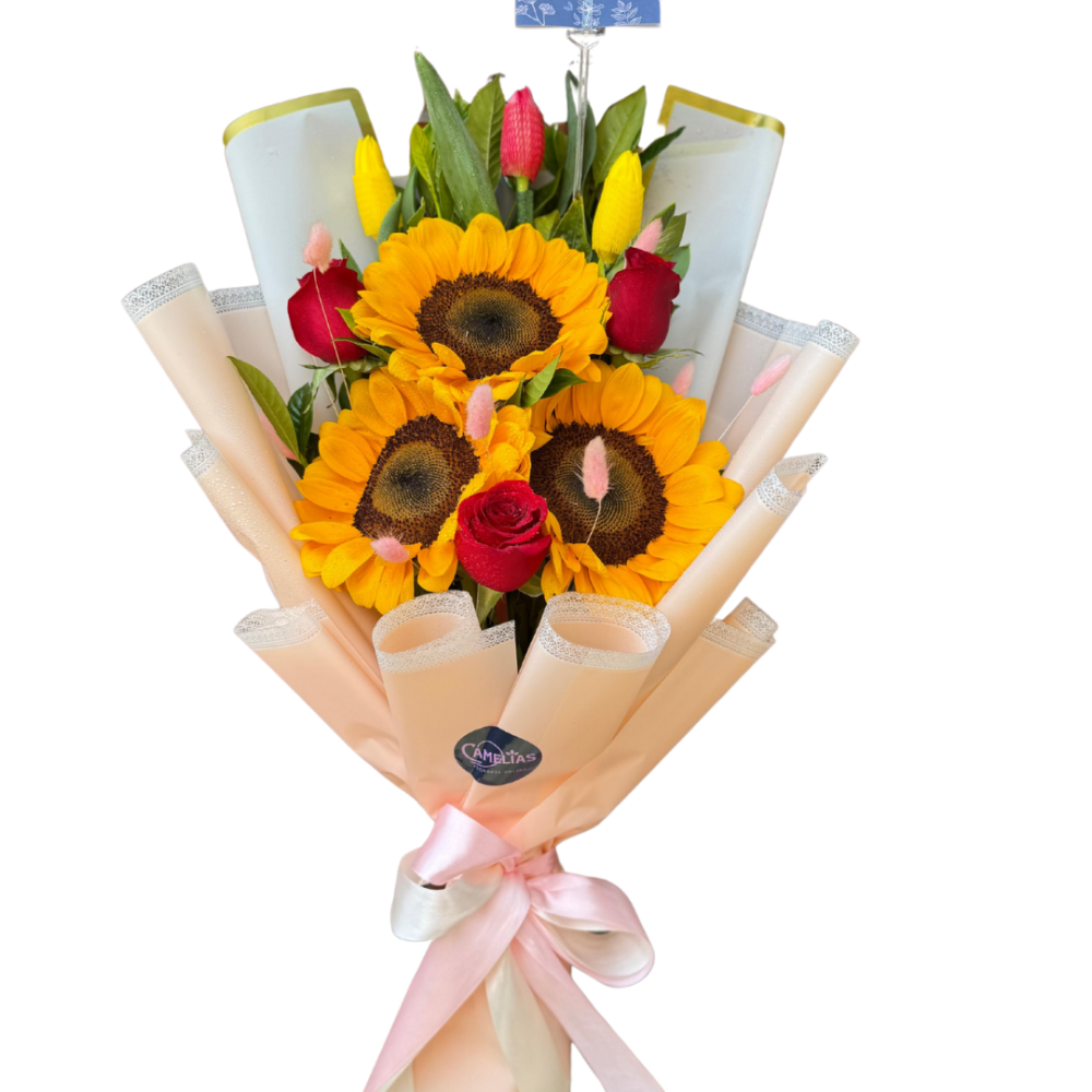 Ramo de tulipanes + girasoles + rosas "Bosnia"