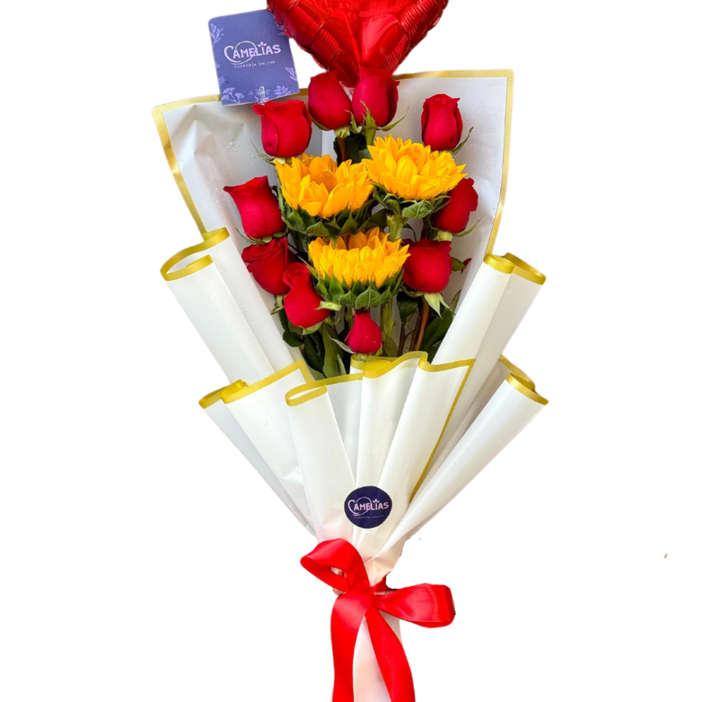 🌹🌻 Ramo de 10 Rosas Freedom y 3 Girasoles "Caracas"