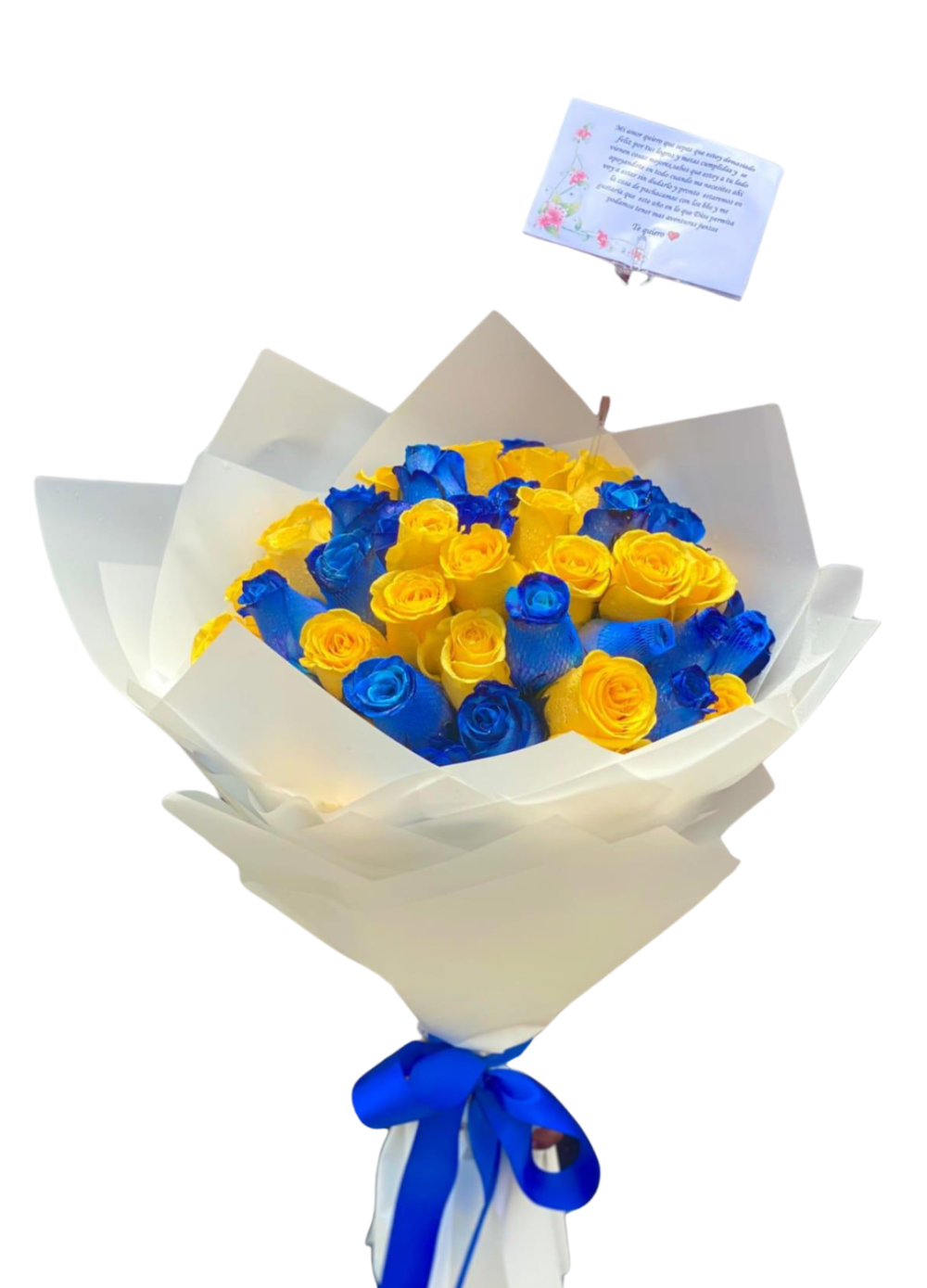 🤍Ramo buchón de 50 rosas azules y amarillas "Austria"