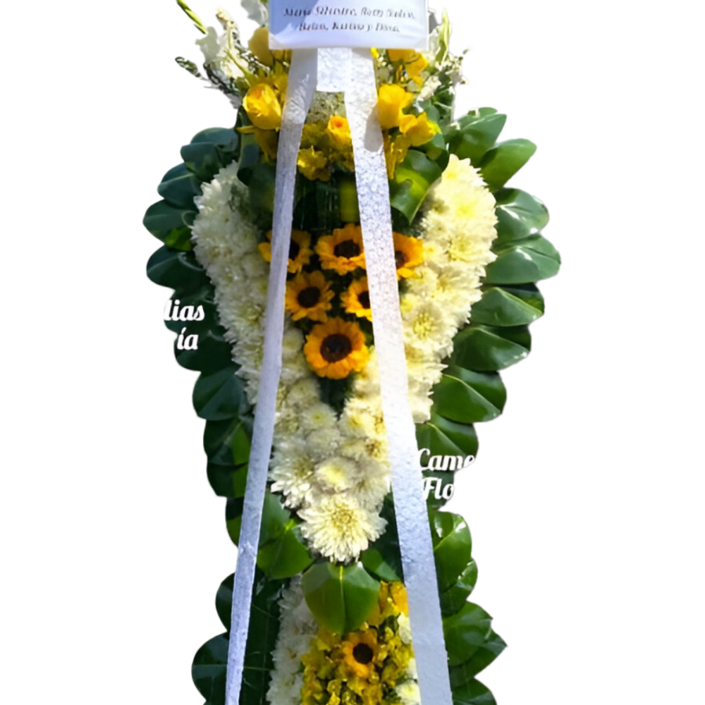 Cruz fúnebre con girasoles y rosas