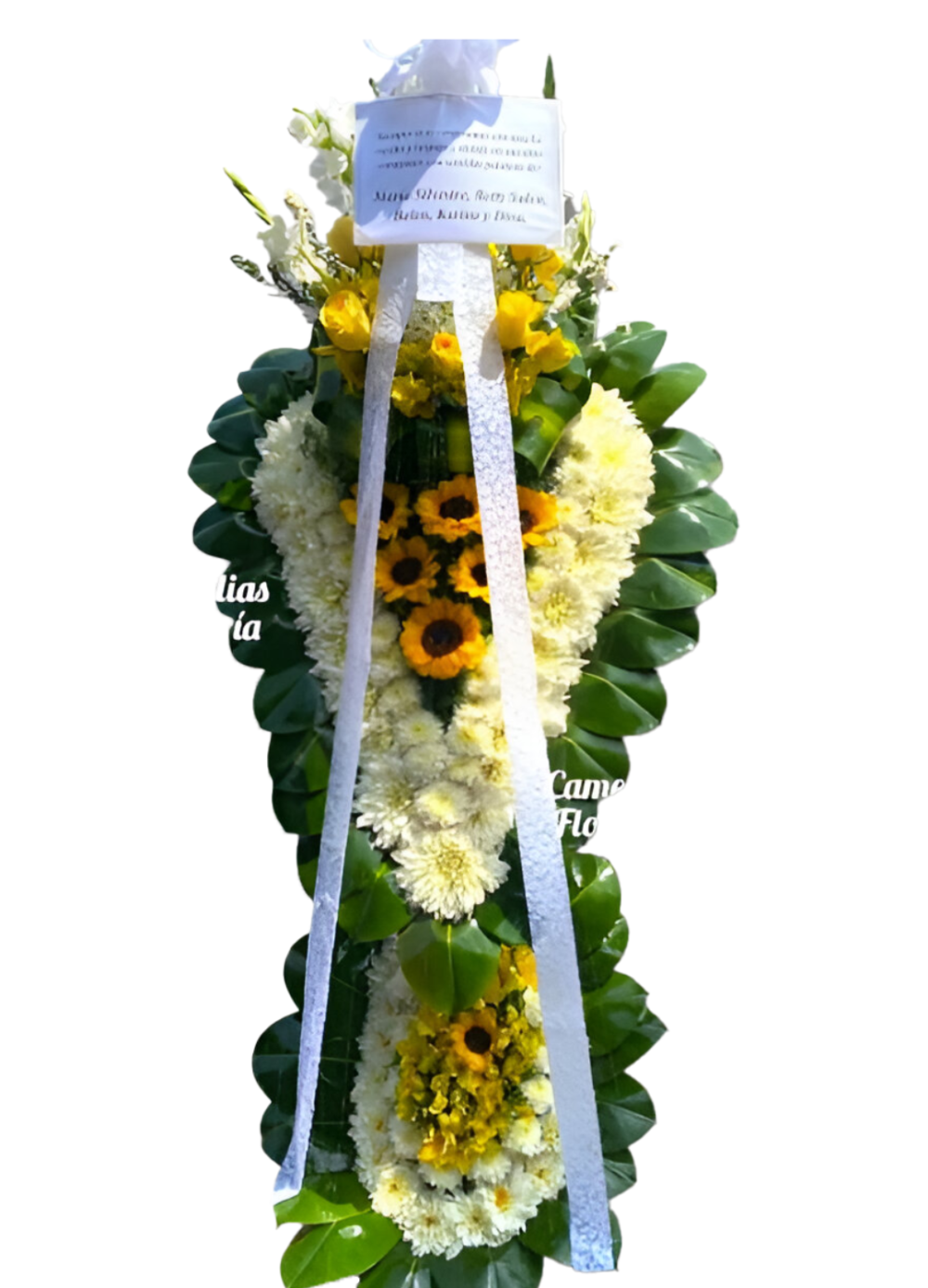Cruz fúnebre con girasoles y rosas