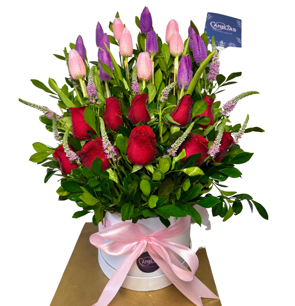 🌷 Box de 10 Tulipanes con rosas rojas "YAREN"