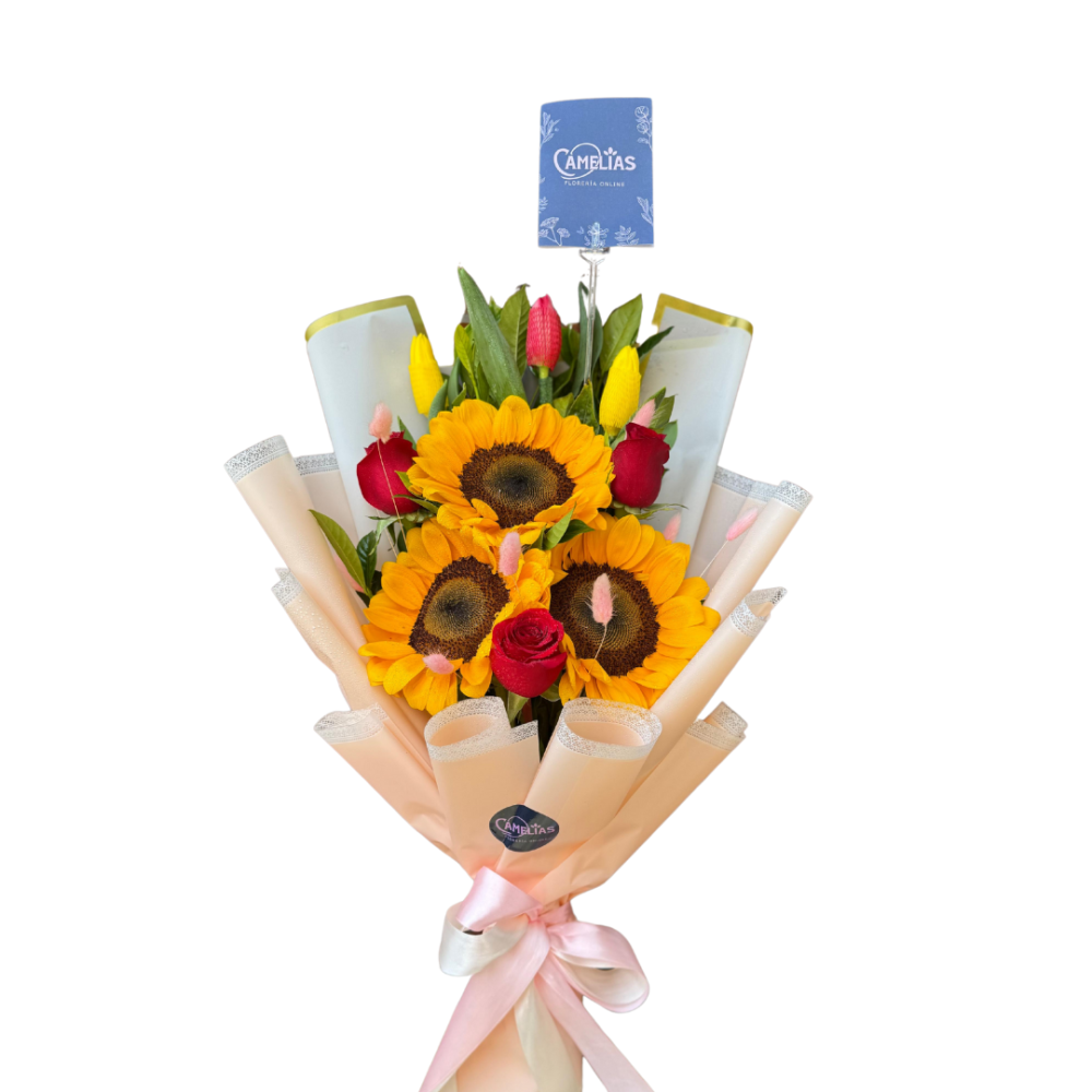 🌻 Ramo 3 Girasoles con tulipanes y rosas rojas "BEIJING"