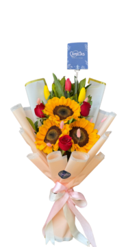🌻 Ramo 3 Girasoles con tulipanes y rosas rojas "BEIJING"