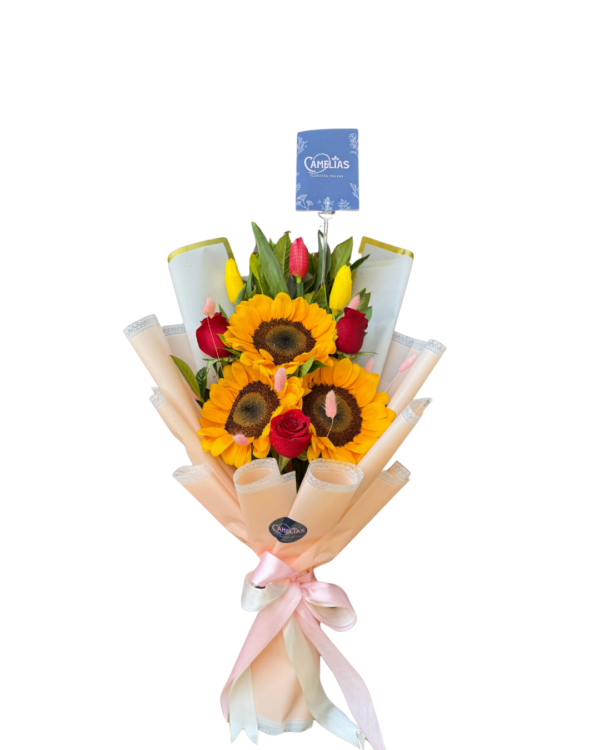 🌻 Ramo 3 Girasoles con tulipanes y rosas rojas "BEIJING"