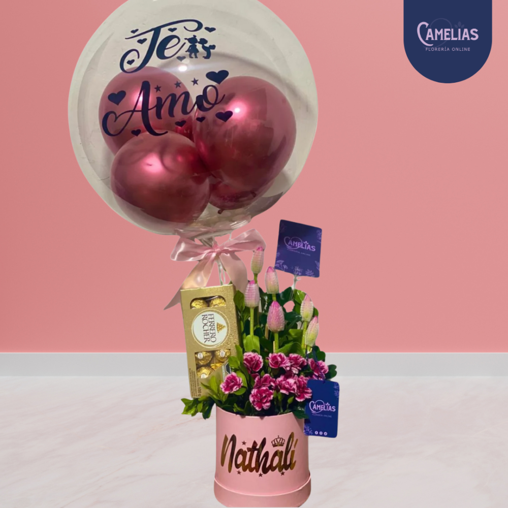 đˇBox de 6 tulipanes rosados + globo personalizado