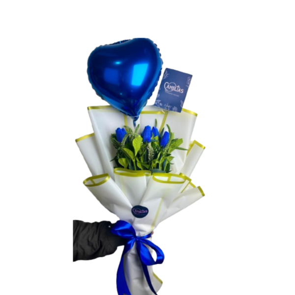 Ramo de 5 tulipanes azules + globo metálico