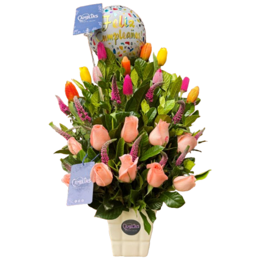 Arreglo de 10 tulipanes + 10 rosas rosado bebé y globo metálico