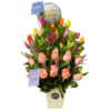Arreglo de 10 tulipanes + 10 rosas rosado bebé y globo metálico