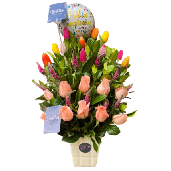 Arreglo de 10 tulipanes + 10 rosas rosado bebé y globo metálico