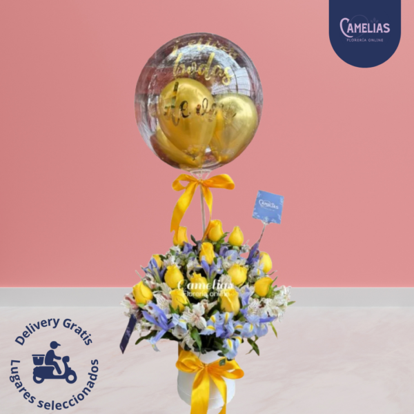Box de 12 rosas amarillas + Astromelias y globo