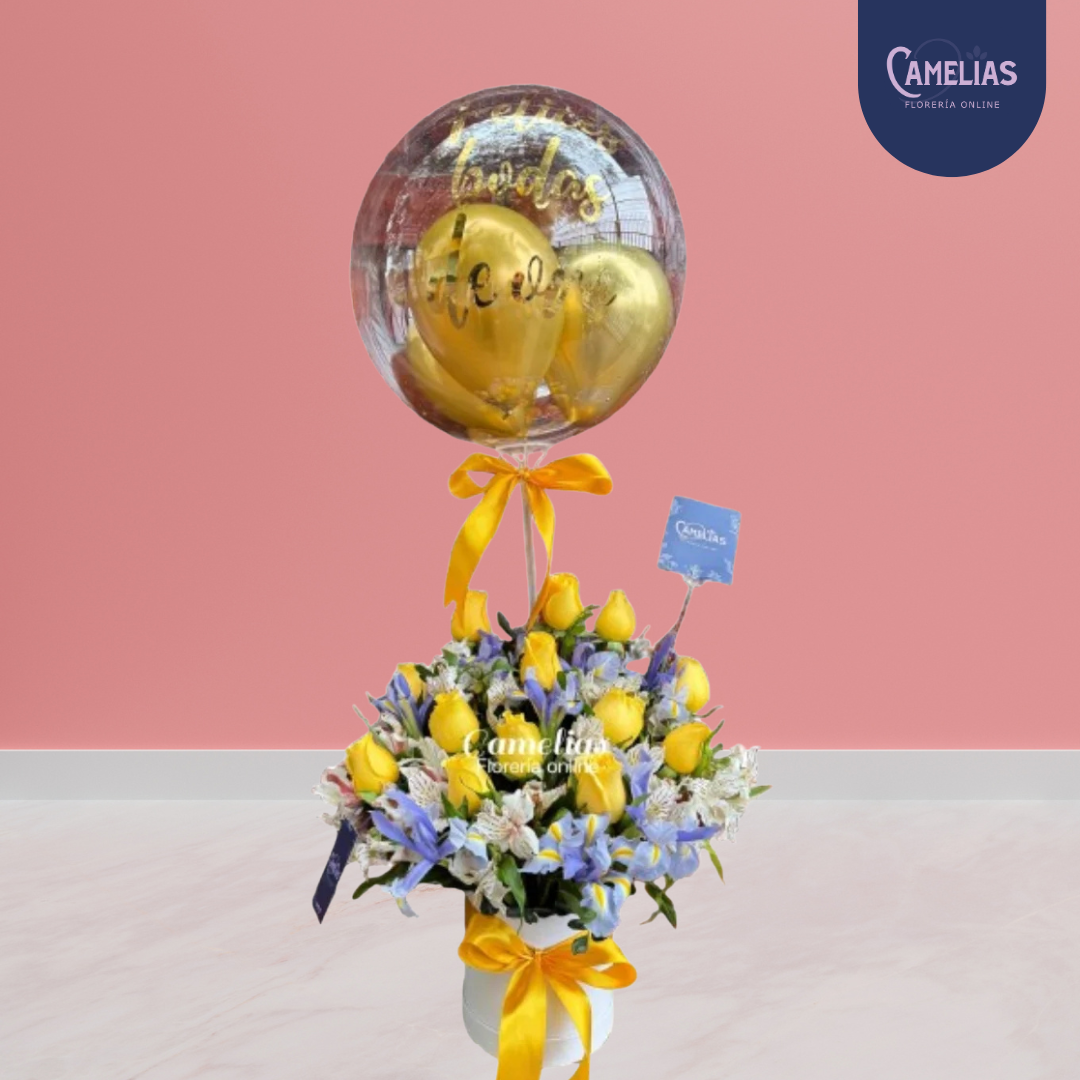Box de 12 rosas amarillas + Astromelias y globo