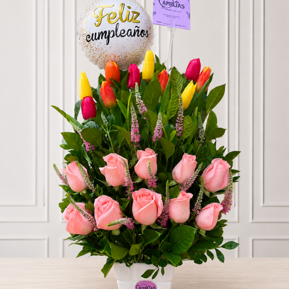 Arreglo de 10 tulipanes + 10 rosas rosado bebé y globo metálico