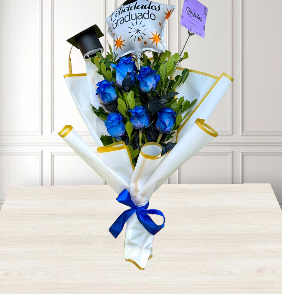 Ramo de 6 rosas azules + birrete “Graduado”