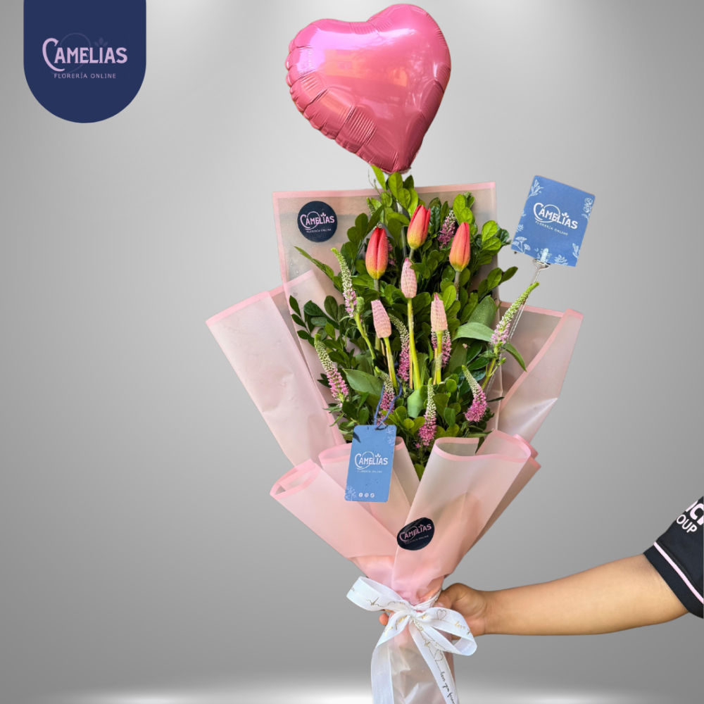 Ramo de 6 tulipanes rosados y rojos “Saraí” 🌷