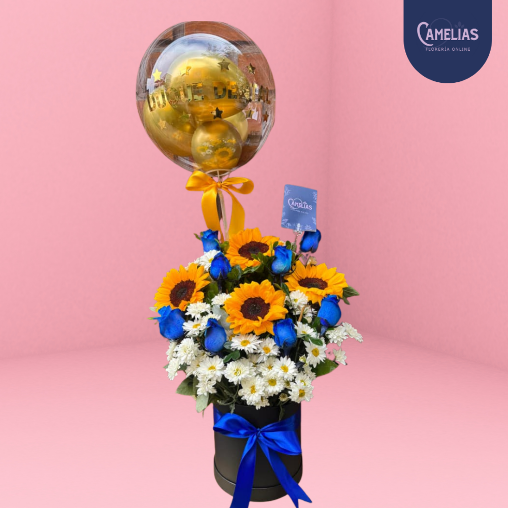 Box de girasoles y rosas azules "Aniversario"