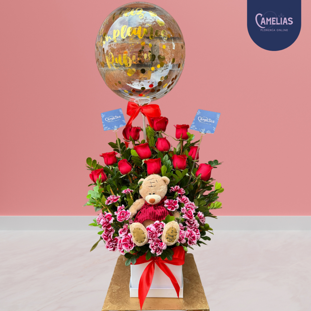 Box de rosas rojas, peluche y globo “Te amo” ❤️