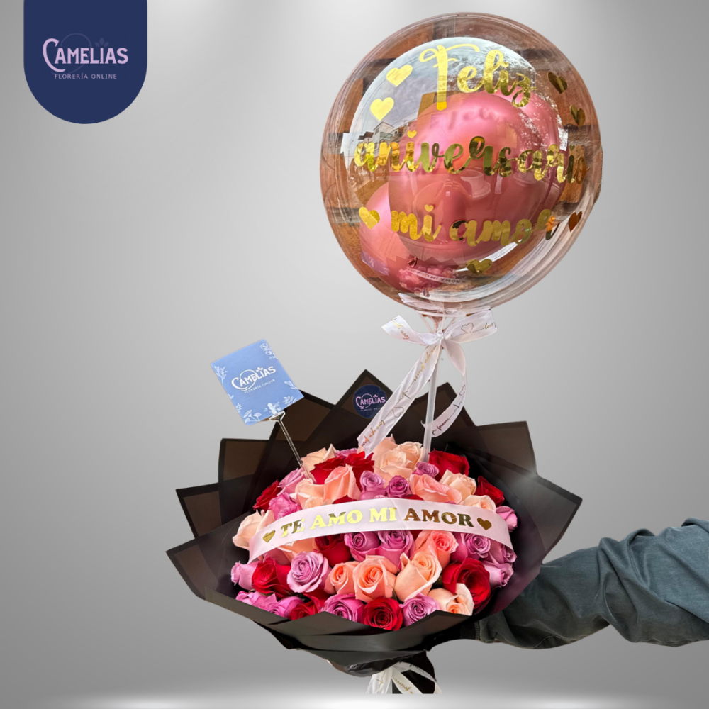 Ramo buchón de 50 rosas y globo