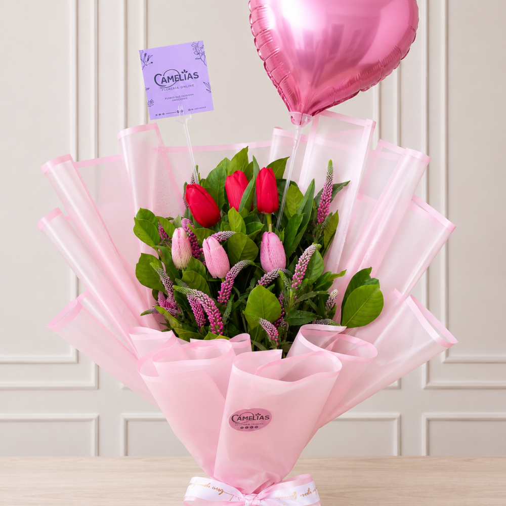 Ramo de 6 tulipanes rosados y rojos “Saraí” 🌷