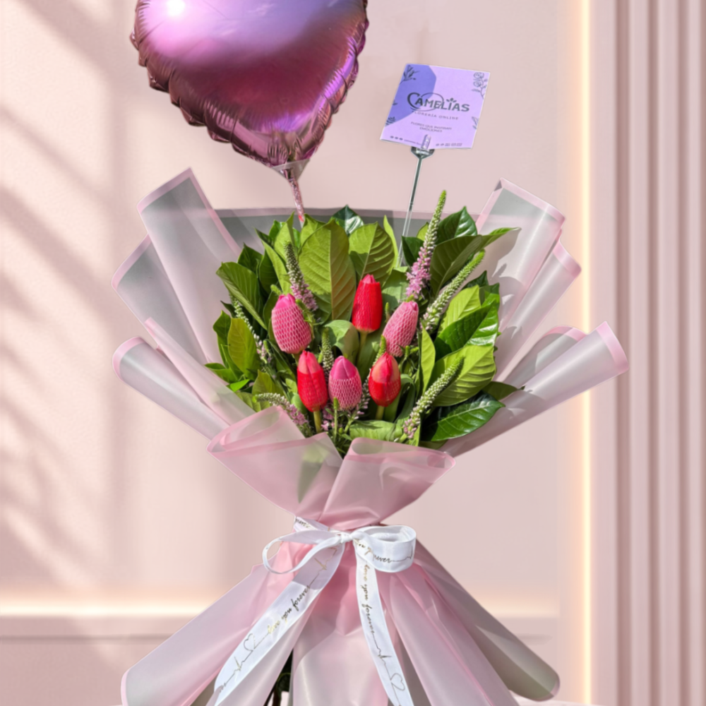 Ramo de 6 tulipanes rosados y rojos “Saraí” 🌷