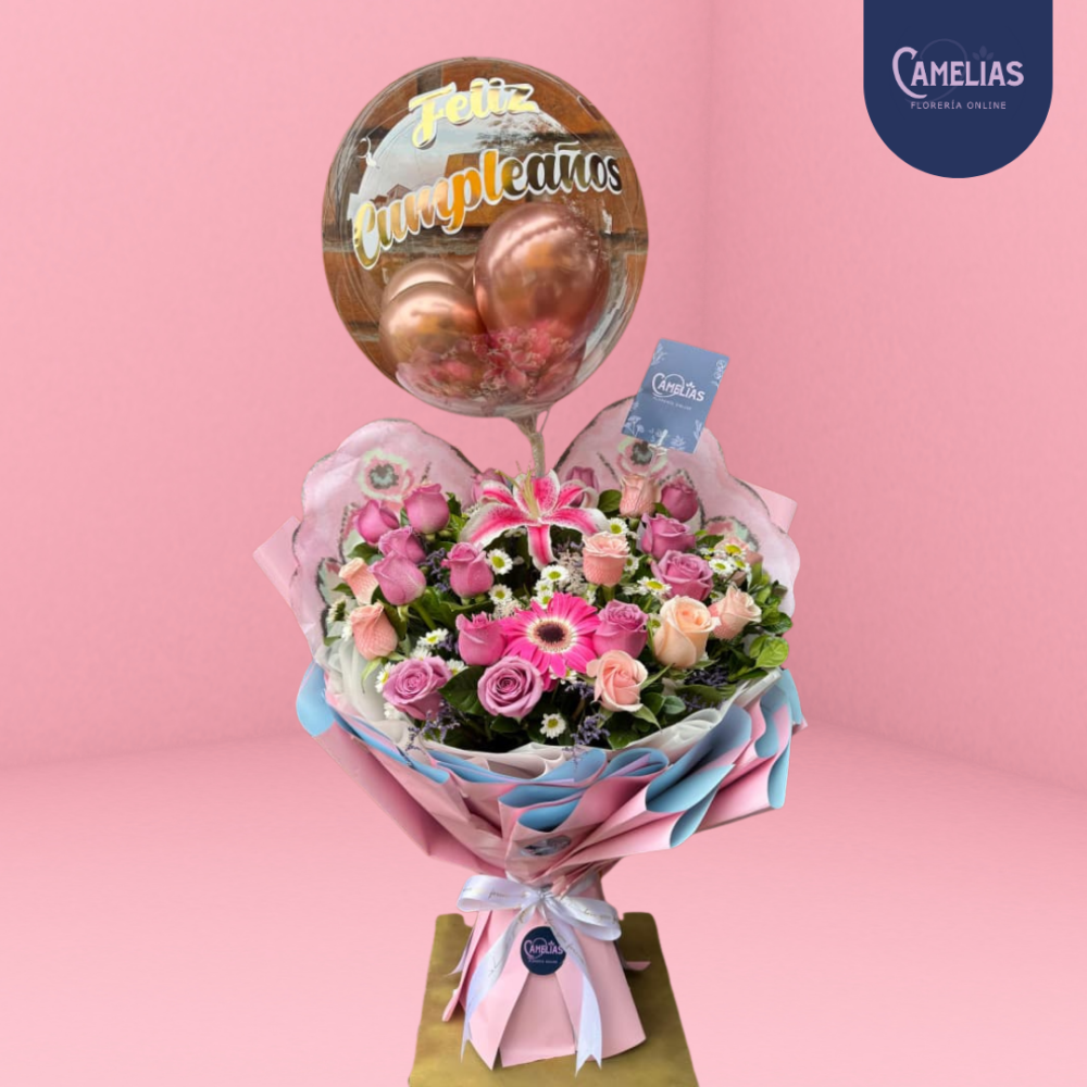 Arreglo floral de rosas, lirio y gerbera "Doña Irma"