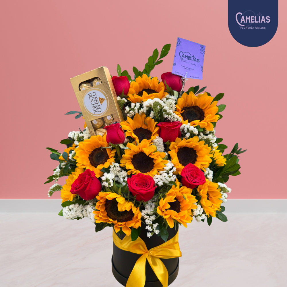 Box de girasoles y rosas rojas “Maricarmen”