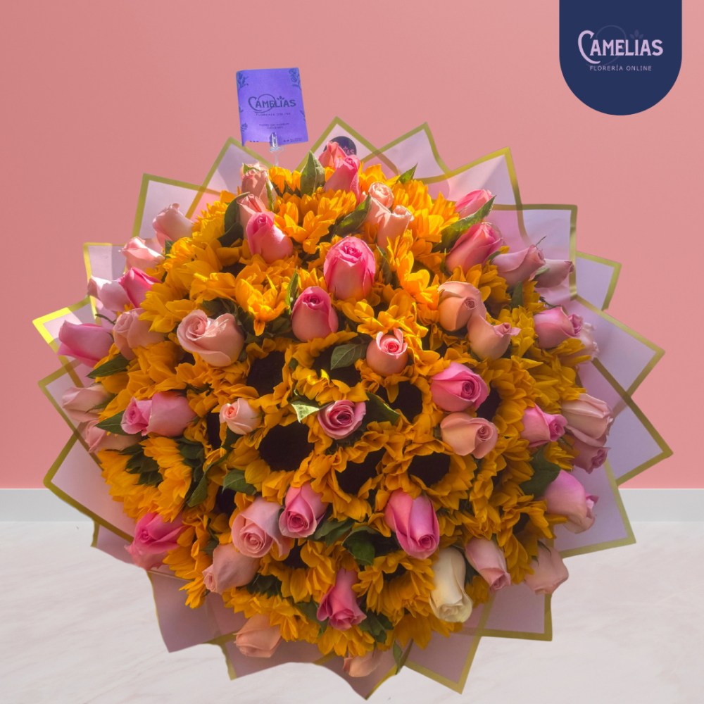 Buchón de girasoles y rosas hermosas “Floricienta”