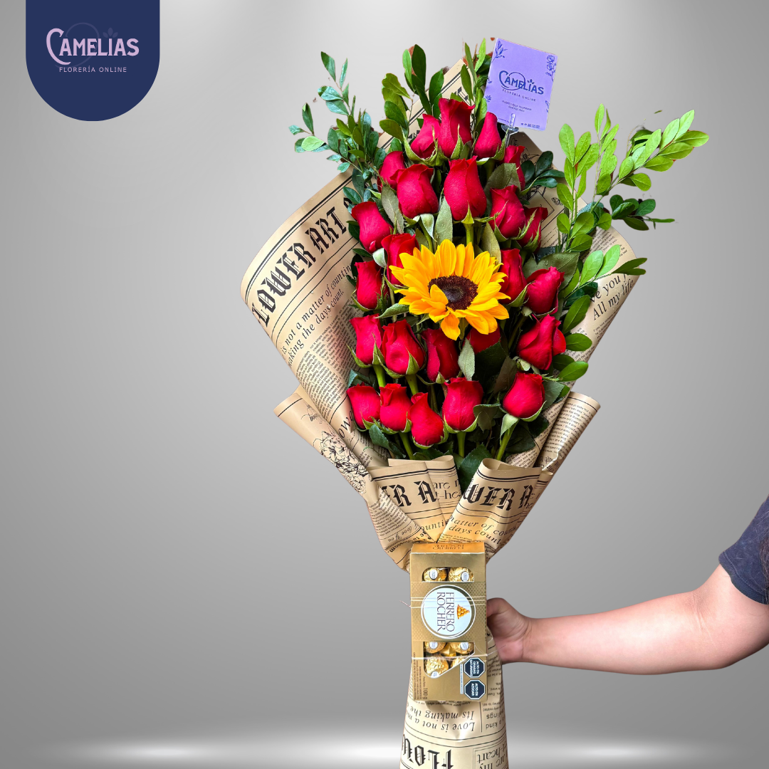 Ramo de rosas rojas importadas, girasol y chocolate Ferrero “Amanda”