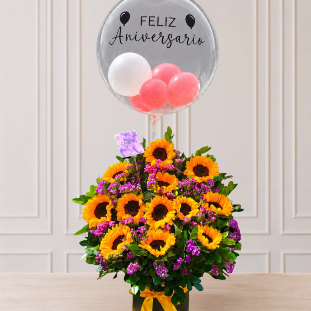 Box de girasoles y globo personalizado