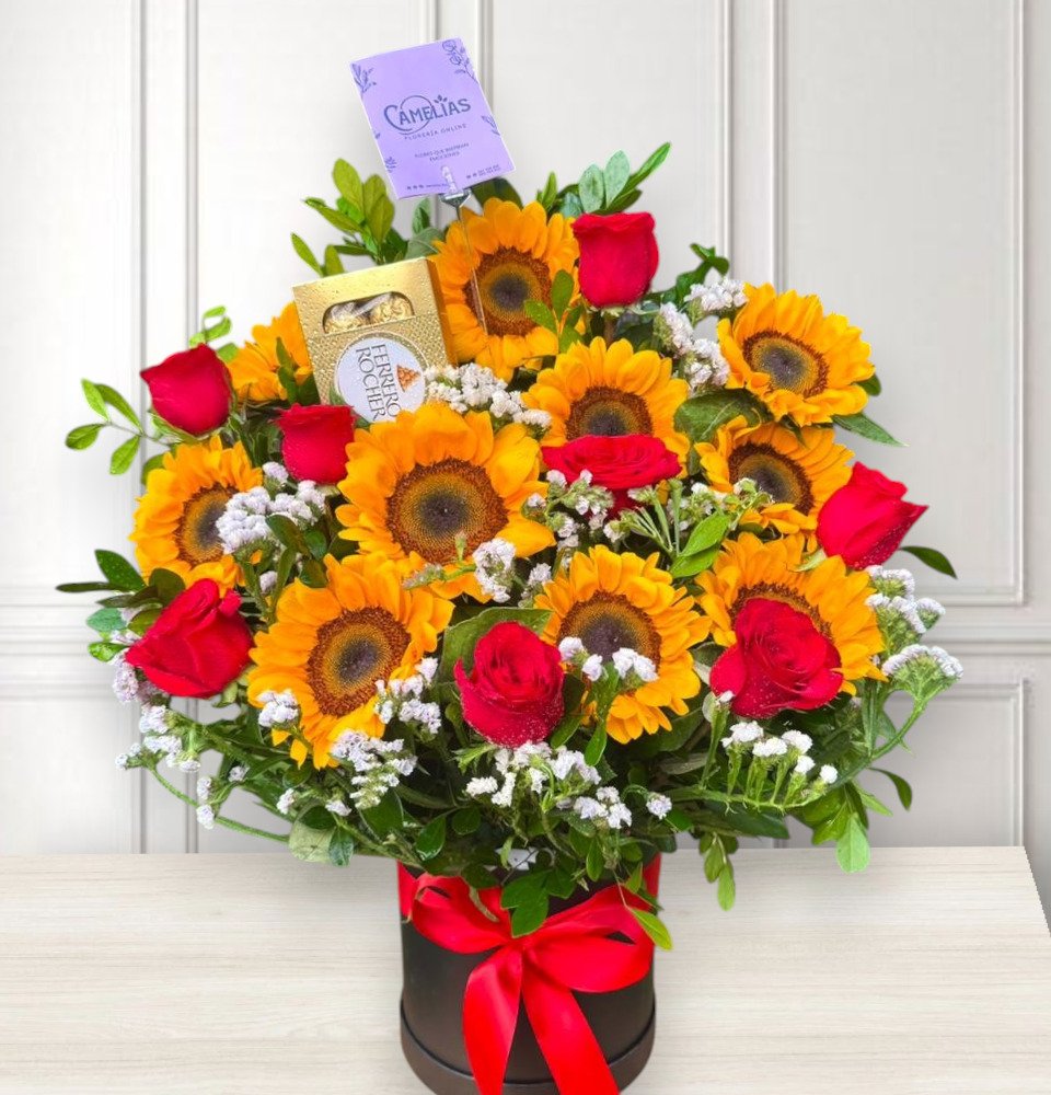 Box de girasoles y rosas rojas “Maricarmen”
