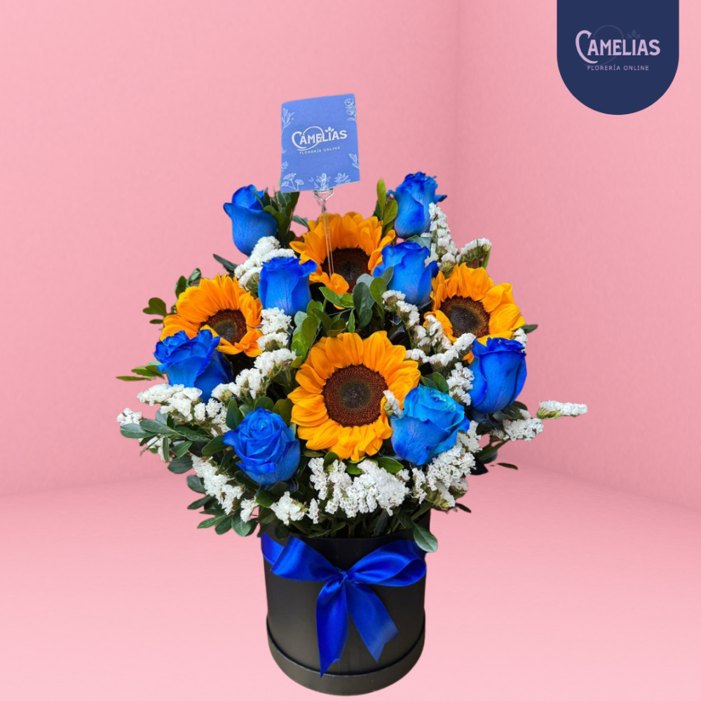 Box de rosas azules y girasoles “Amor infinito”