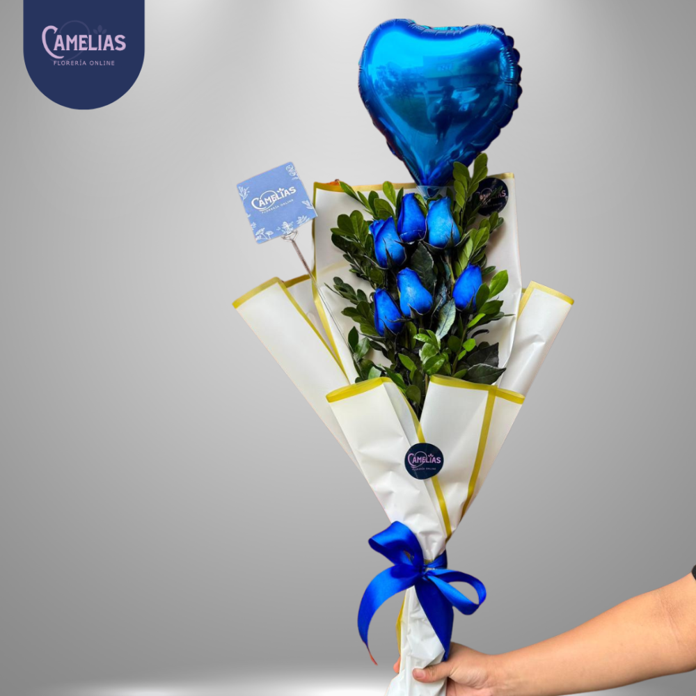 Ramo de 6 rosas azules naturales “Reino azul”