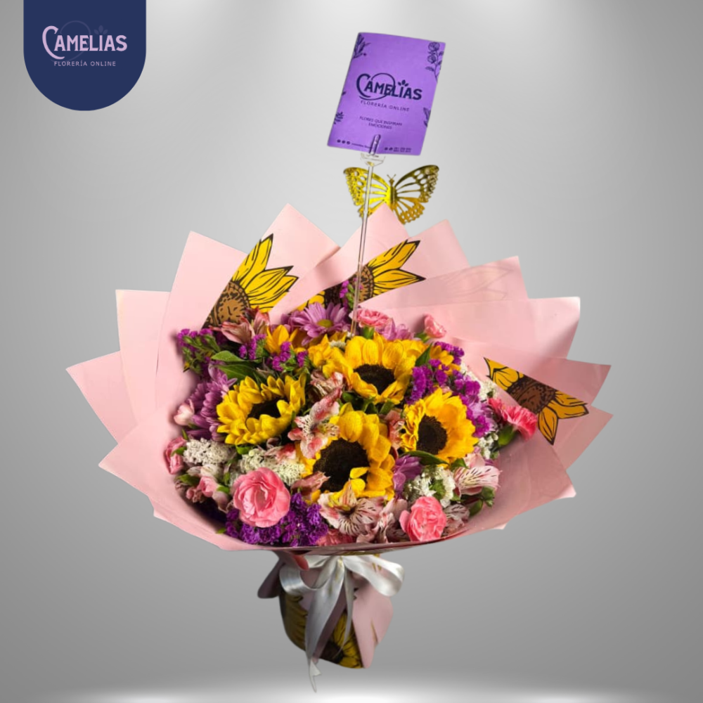 Ramo de girasoles y variedad de flores "Scarlett"