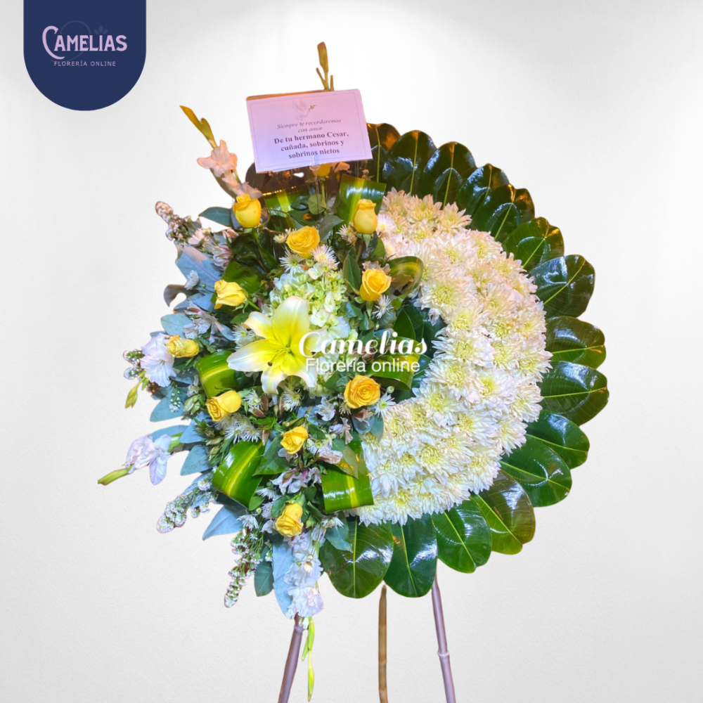 Corona funebre amarilla "Silencio y paz"