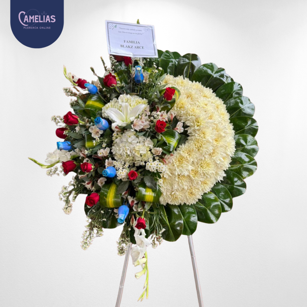 Corona fúnebre de rosas azules y rojas  “Memorial”