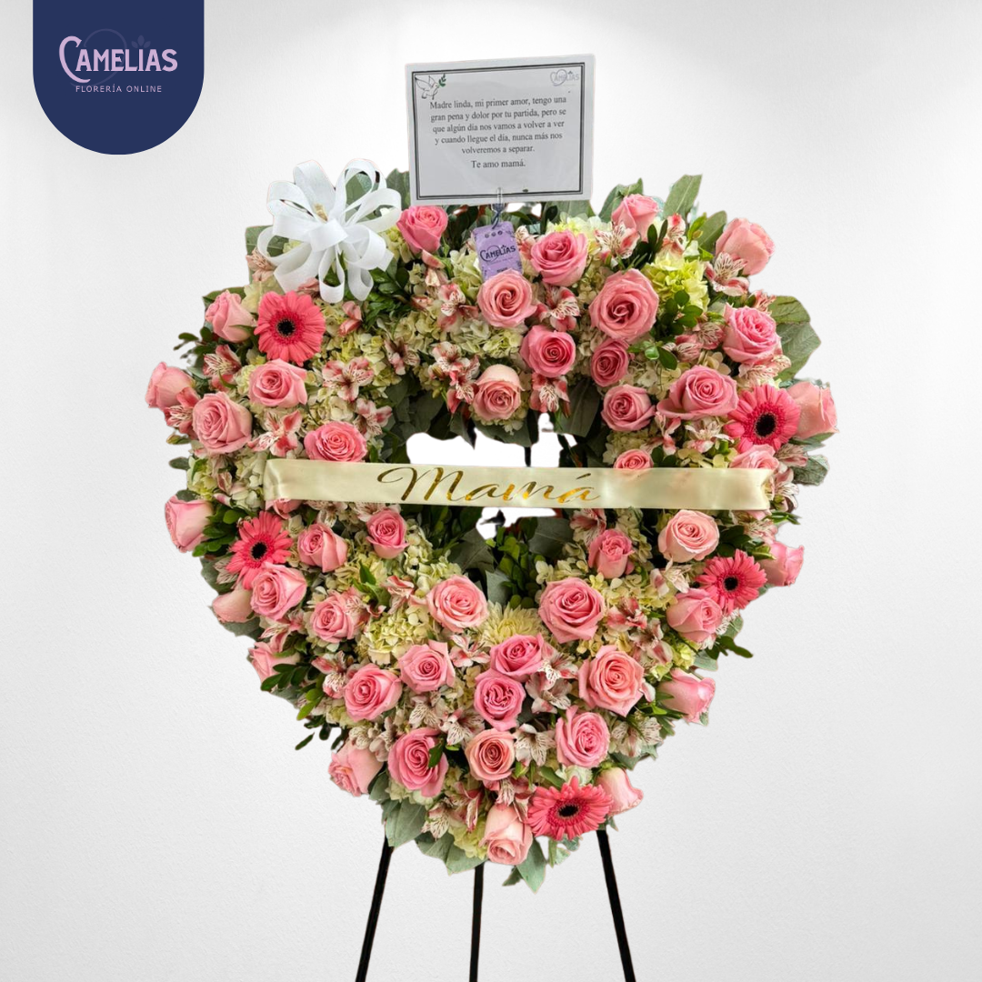 Corona Funebre corazón de rosas rosadas “Amor eterno”